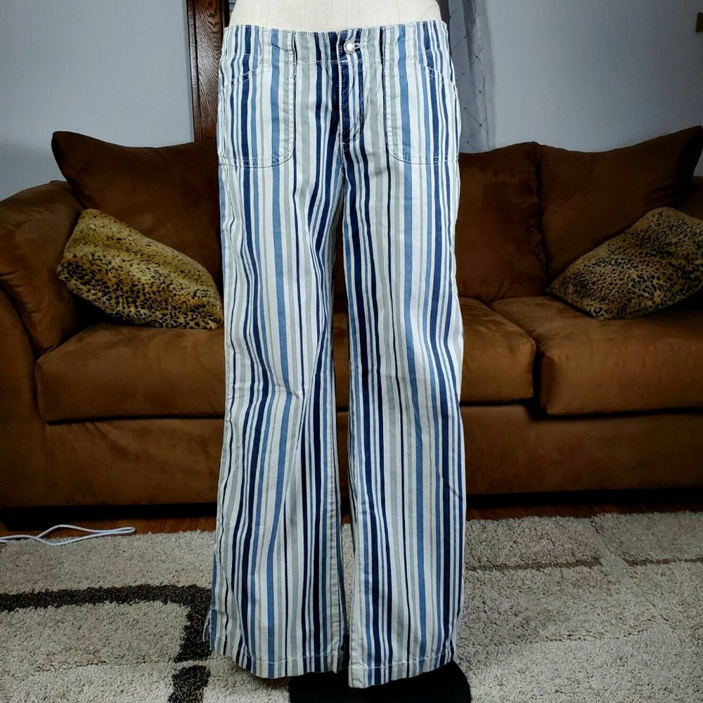Express Precision Fit Retro Blue White Striped Wide Leg Cotton Pants Size 9/10 - Picture 1 of 8